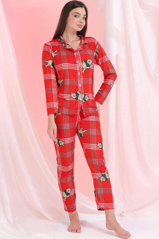 Winnie Ayıcıklı Süet Pijama Takımı Kırmızı