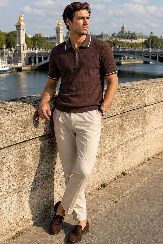 T-shirt homme en coton mercerisé à col polo avec demi-fermeture éclair, couleur café