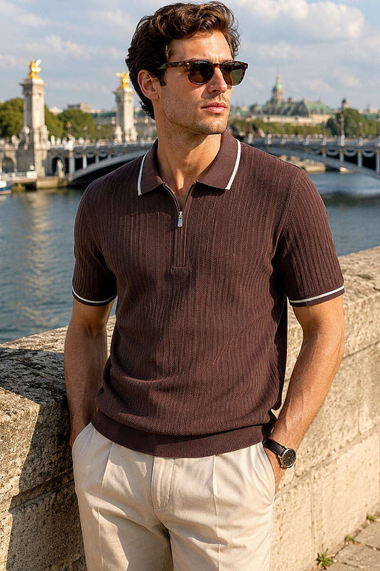 T-shirt homme en coton mercerisé à col polo avec demi-fermeture éclair, couleur café