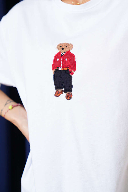 T-shirt basique à col ours en peluche, blanc