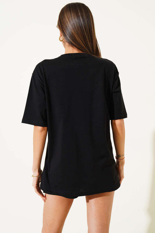 Yaka Ayıcıklı Basic T-shirt Siyah