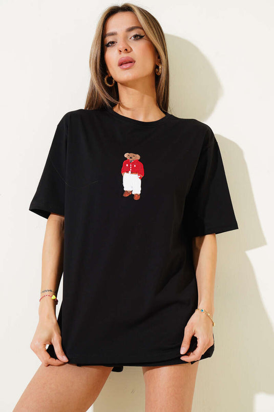 Yaka Ayıcıklı Basic T-shirt Siyah