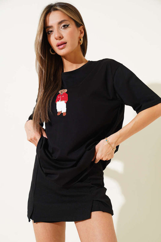 Yaka Ayıcıklı Basic T-shirt Siyah