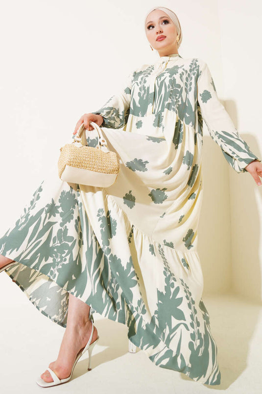 Yaka Bağcıklı Desenli Elbise Çağla Yeşili