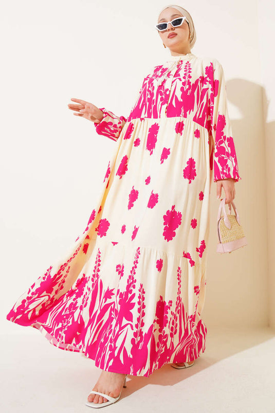 Fuchsia Patterned Dress with Neckline Tie