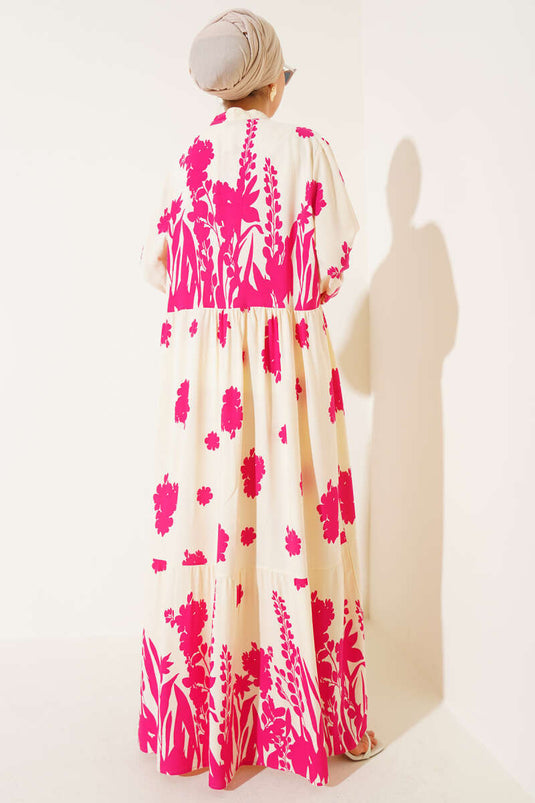 Fuchsia Patterned Dress with Neckline Tie