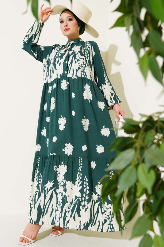 Patterned Dress with Neckline Drawstring, Khaki