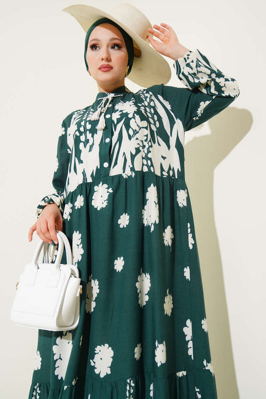 Patterned Dress with Neckline Drawstring, Khaki