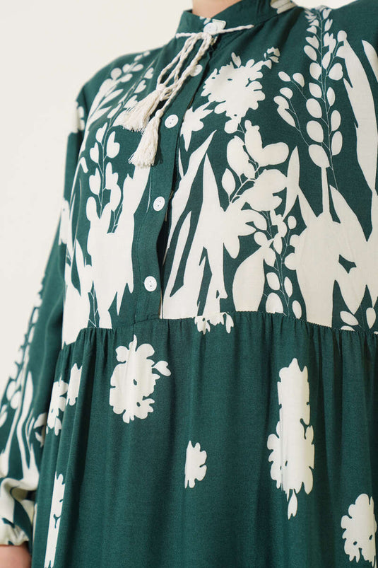 Patterned Dress with Neckline Drawstring, Khaki