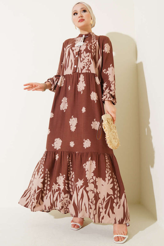 Yaka Bağcıklı Desenli Elbise Kahve