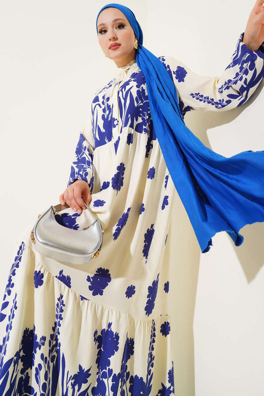 Yaka Bağcıklı Desenli Elbise Saks