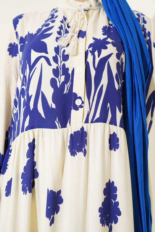 Yaka Bağcıklı Desenli Elbise Saks