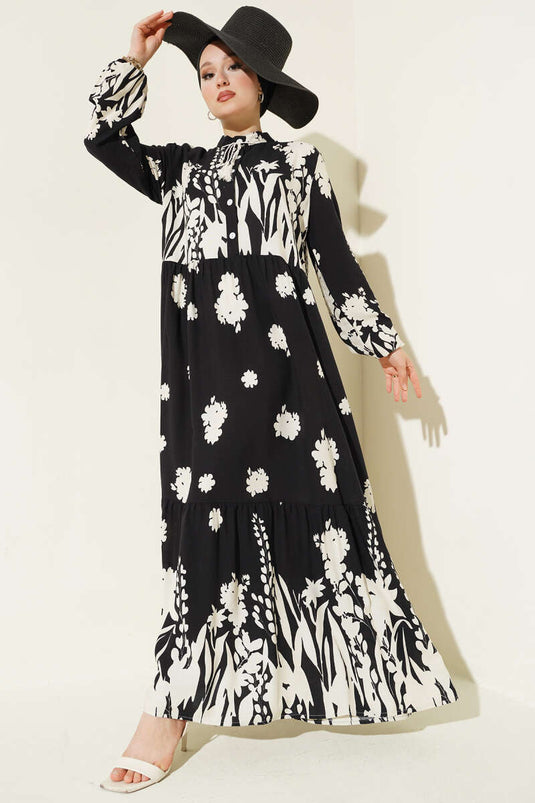 Vestido Estampado Negro Con Cuello De Lazo
