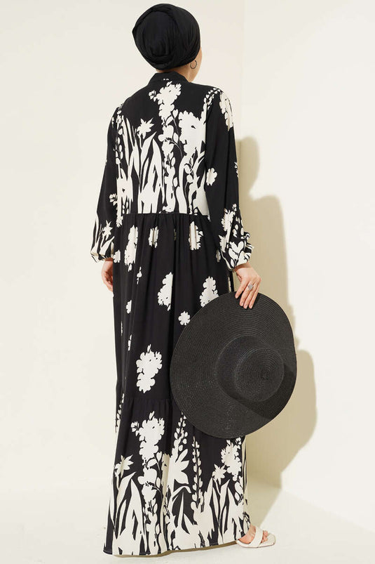 Vestido Estampado Negro Con Cuello De Lazo