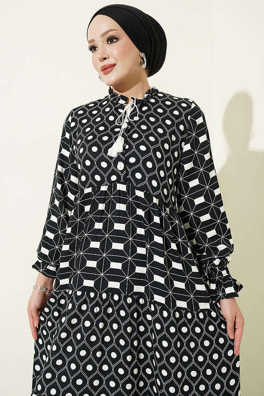 Black Button-Down Dress With Tie Neck