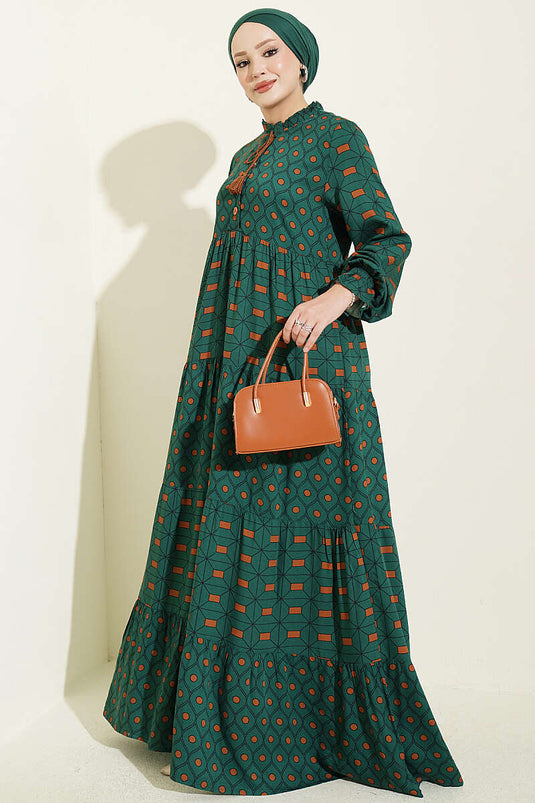 Emerald Button-Front Dress With Tie Neck