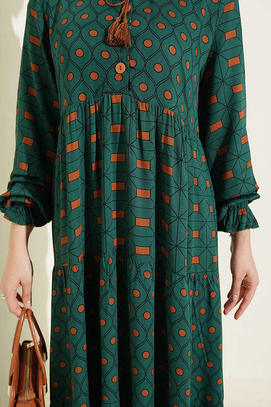 Emerald Button-Front Dress With Tie Neck