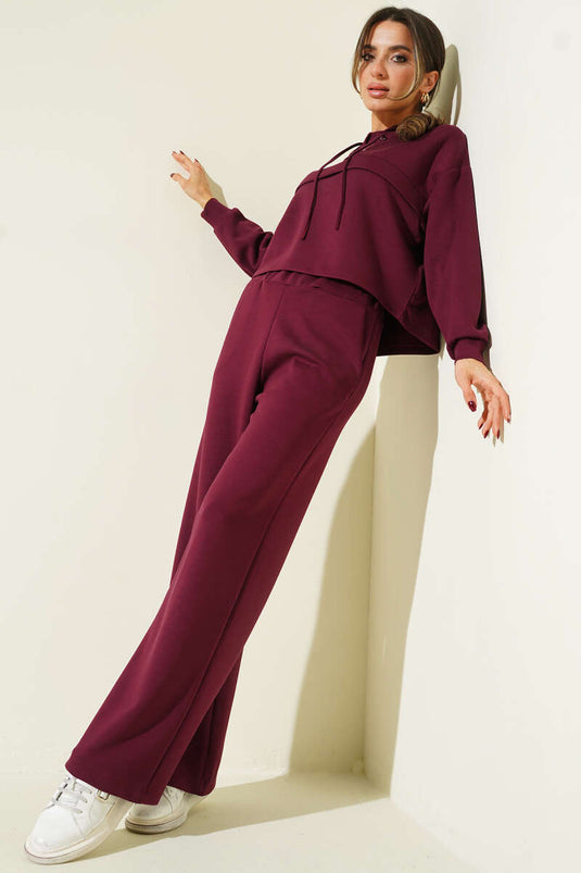 Yaka Schnürung Loyşa Pullover Zweiteiliges Set Weinrot