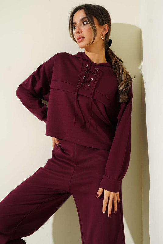 Yaka Bağcıklı Loyşa Sweatshirt İkili Takım Mürdüm