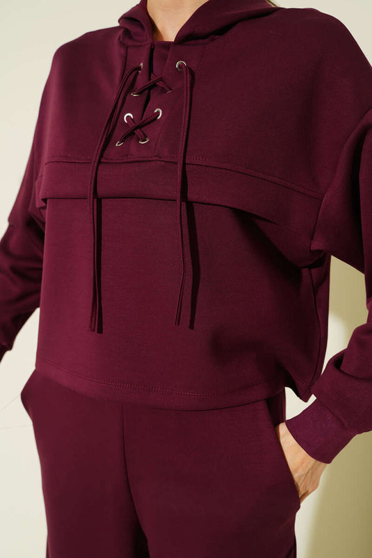 Yaka Schnürung Loyşa Pullover Zweiteiliges Set Weinrot