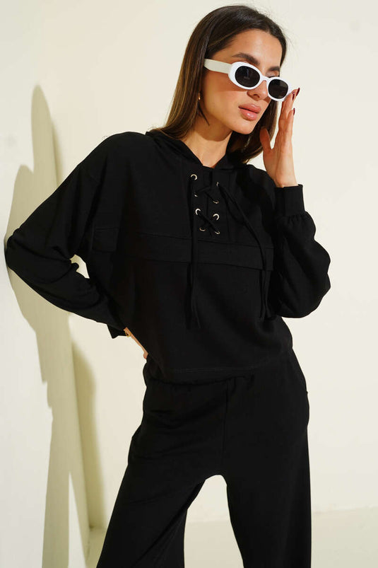 Yaka Bağcıklı Loyşa Sweatshirt İkili Takım Siyah