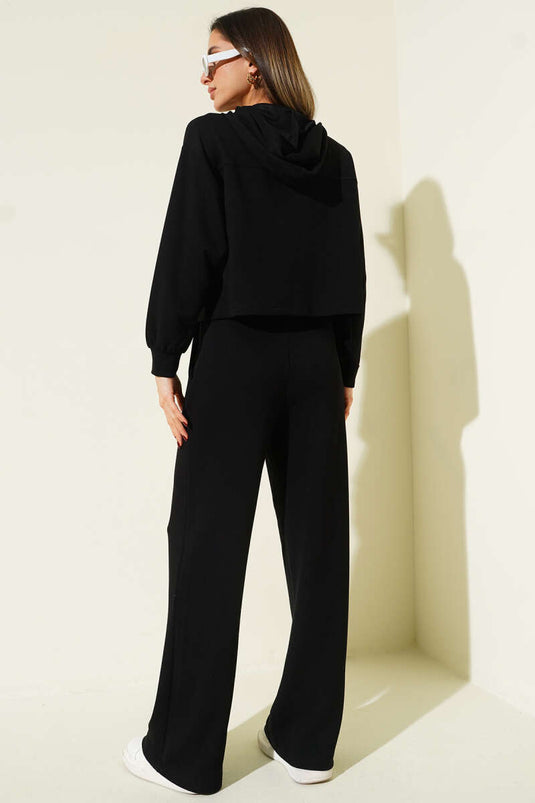Yaka Bağcıklı Loyşa Sweatshirt İkili Takım Siyah