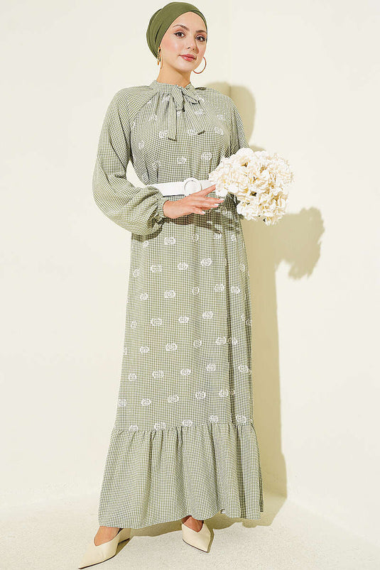 Halsband Mit Bindeband, Ballonärmel, Karo-Kleid In Calla-Grün
