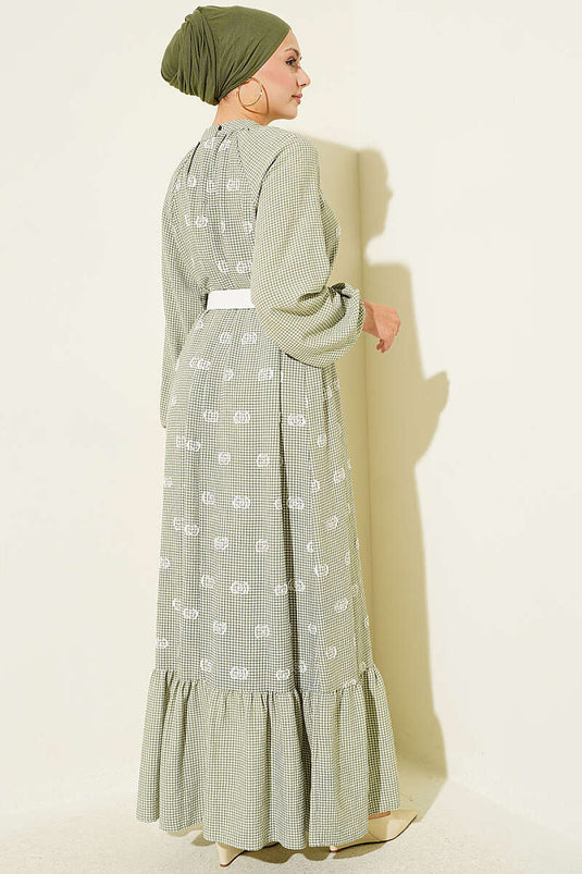 Halsband Mit Bindeband, Ballonärmel, Karo-Kleid In Calla-Grün