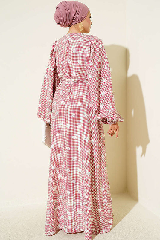 Rüschiges Ballonarm Kleid Mit Bindeband In Rose Beige