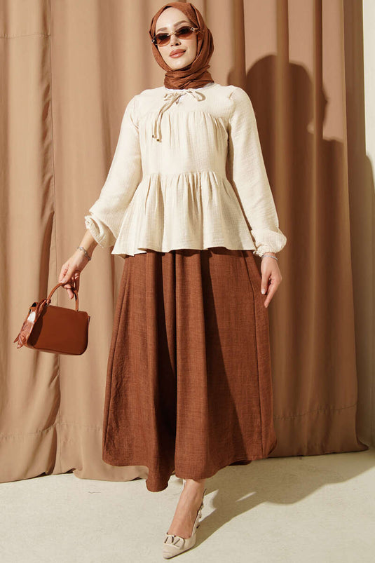 Blouse Beige À Nœud Et Manches Élastiquées