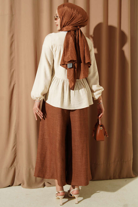 Blouse Beige À Nœud Et Manches Élastiquées