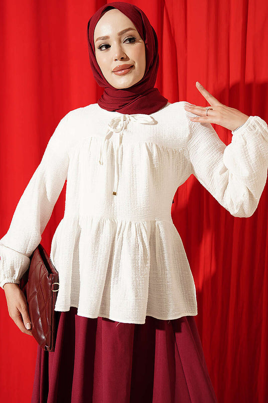 Blouse Crème À Nœud Et Manches Élastiquées