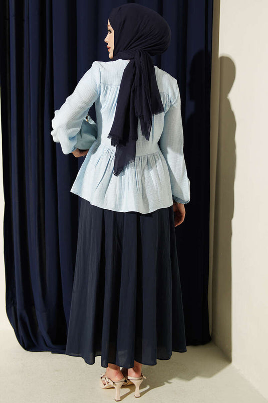 Blauwe Blouse Met Strikdetail En Elastische Manchetten