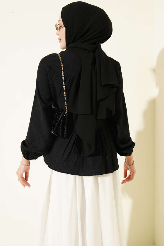 Blouse Noire Modest Fashion À Nœud Et Manches Courtes