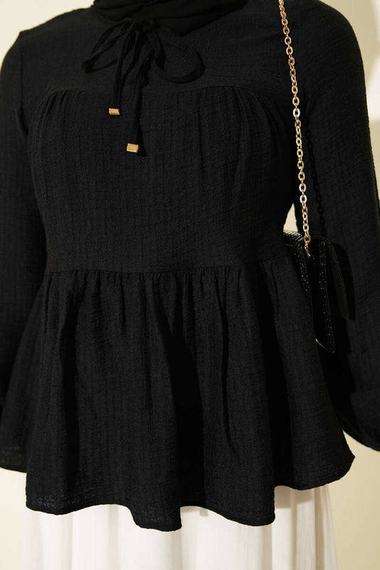 Blouse Noire Modest Fashion À Nœud Et Manches Courtes