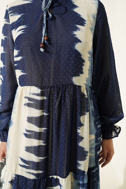 Marine Musterkleid Mit Bindeband
