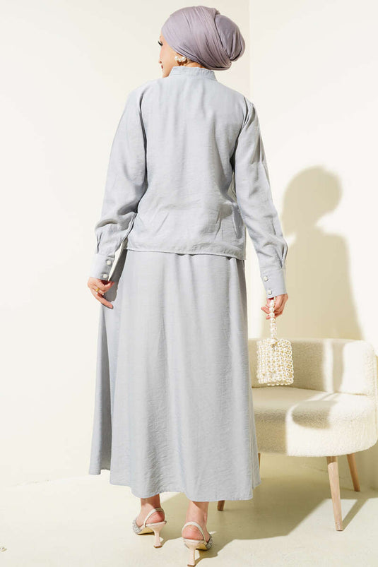 Yaka Bağlamalı Düğmeli Etekli İkili Takım Gri