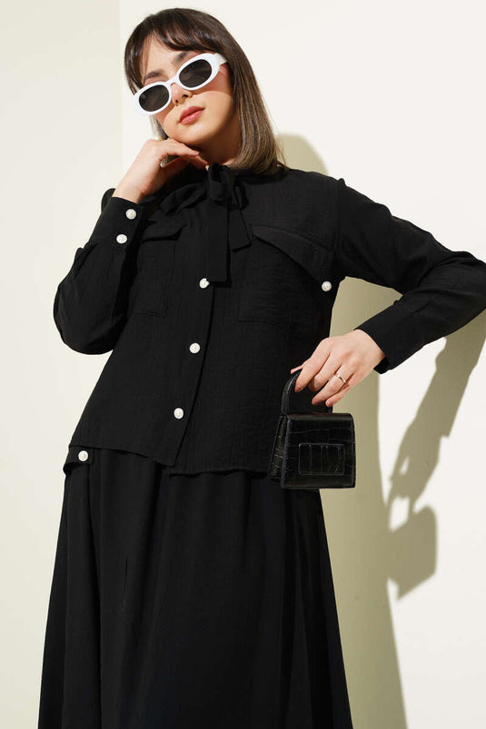 Yaka Bağlamalı Düğmeli Etekli İkili Takım Siyah