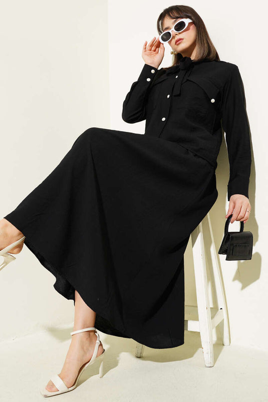 Yaka Bağlamalı Düğmeli Etekli İkili Takım Siyah