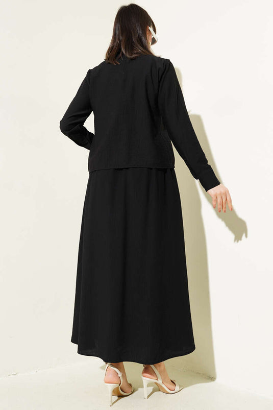 Yaka Bağlamalı Düğmeli Etekli İkili Takım Siyah