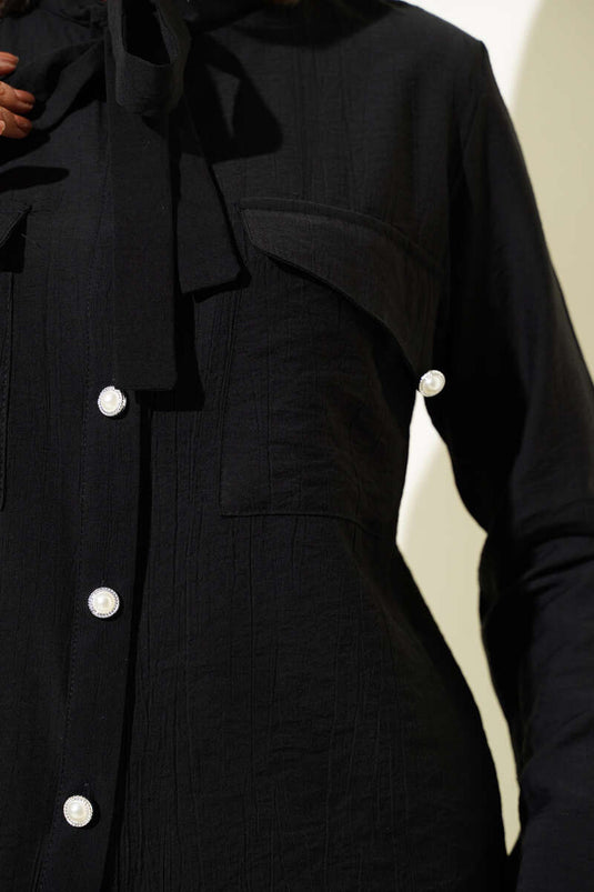 Yaka Bağlamalı Düğmeli Etekli İkili Takım Siyah