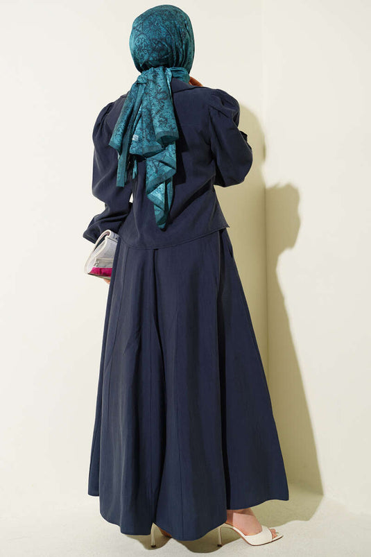 Collared Tie-Waist Jumper Dress Navy Blue
