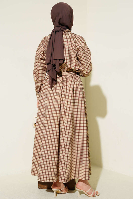 Beige Set with Tie Collar and Checked Skirt