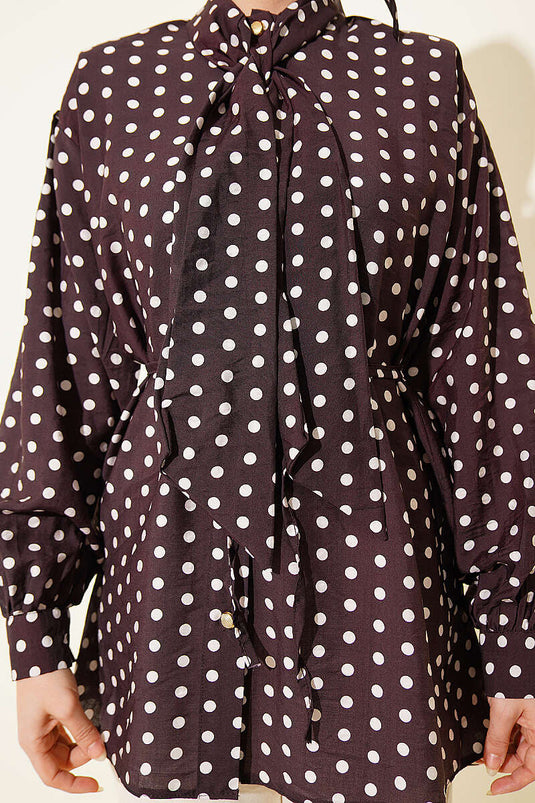 Tie-Neck Polka Dot Shirt in Dark Brown