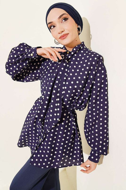 Navy Blue Polka Dot Shirt with Tie Neck
