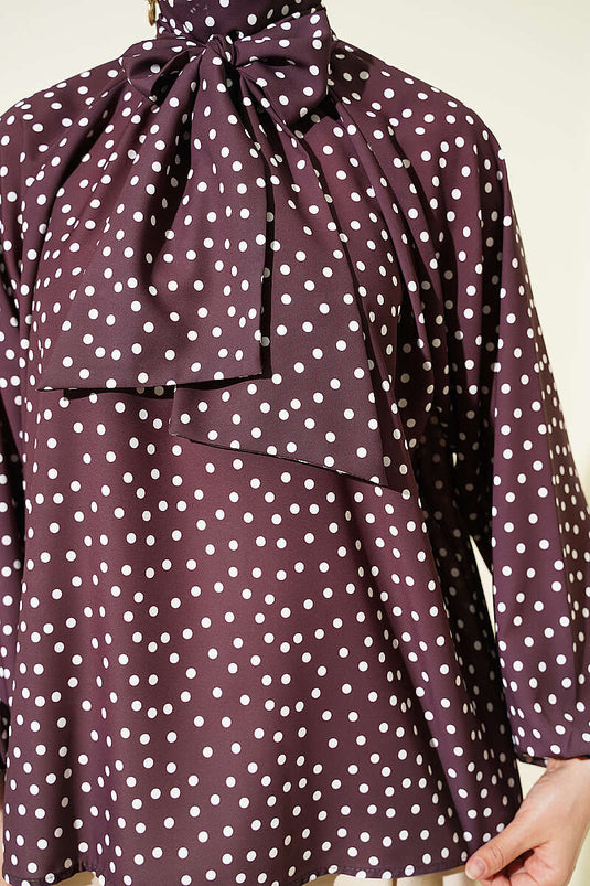 Tunique à pois avec col noué marron