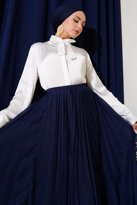 Yaka Bağlamalı Saten Gömlek Beyaz