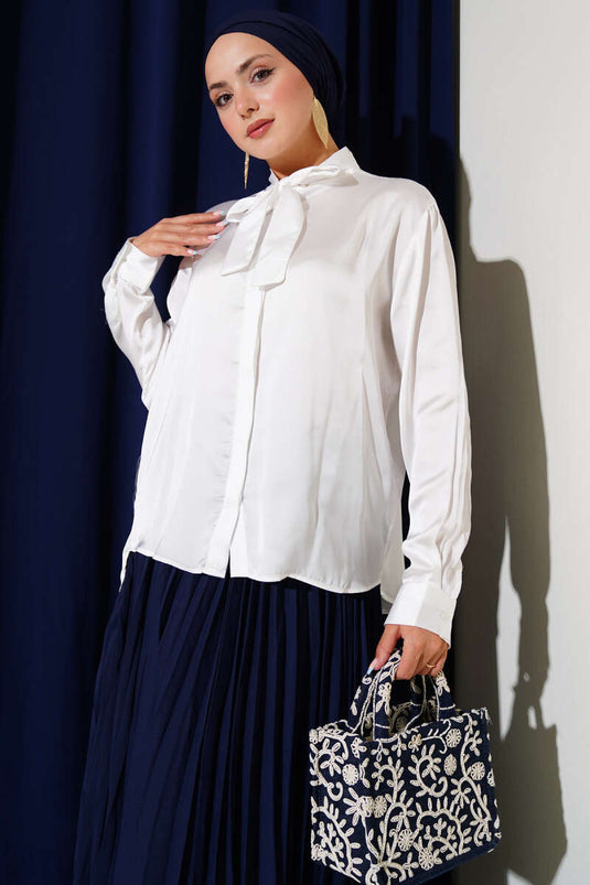 Yaka Bağlamalı Saten Gömlek Beyaz