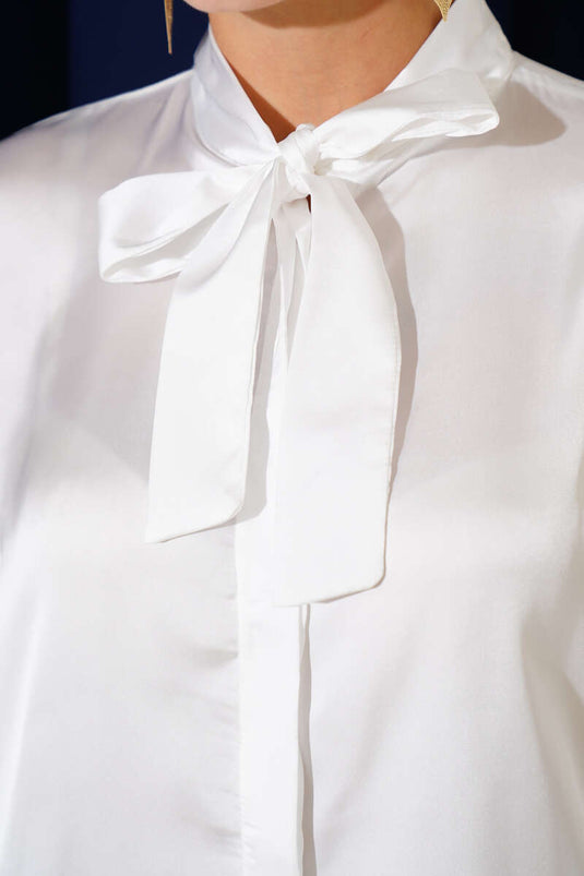 Yaka Bağlamalı Saten Gömlek Beyaz
