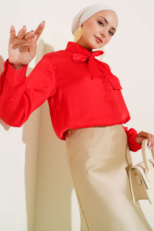 Red Satin Shirt with Tie Collar